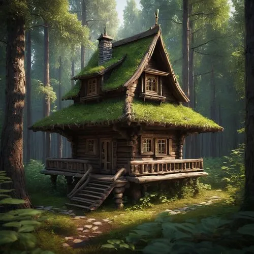 house in the forest,little house,forest house,small house,wooden house,witch's house,lonely house,small cabin,miniature house,summer cottage,ancient house,tree house,cottage,log cabin,greenhut,fairy house,log home,traditional house,treehouse,wooden hut,Conceptual Art,Fantasy,Fantasy 11