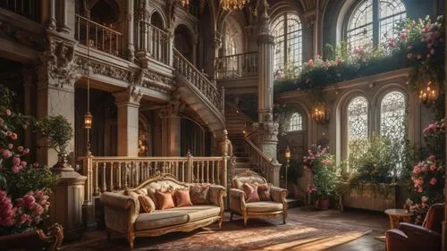 there are two couches in the middle of the room,ornate room,victorian room,victorian,victorian style,opulently,dandelion hall,Photography,General,Fantasy