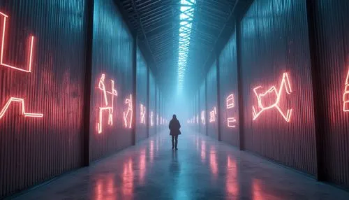 futuristic art museum,mainframes,corridors,neon arrows,cyberscene,cyberia,hypermodern,passage,cybercity,cyberpunk,hallway,corridor,tron,digital binary,matrix,synthetic,vapor,cinema 4d,light space,visualizer,Photography,General,Realistic