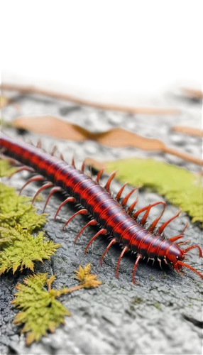 Close-up, centipede, multiple legs, shiny exoskeleton, brownish-red body, antenna-like appendages, venomous fangs, crawling on leaf, soft natural light, macro photography, shallow depth of field, warm