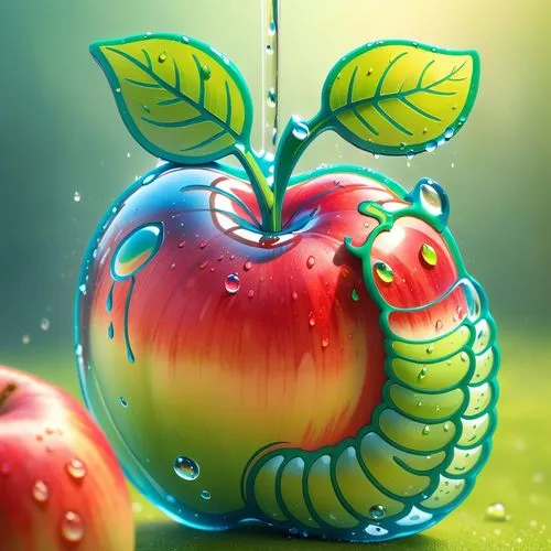 Close up of a red apple covered in large dewdrops, cute green work emerges from apple, Sunny day and foggy background, Pixar, Disney, concept art, 3d digital art, Maya 3D, ZBrush Central 3D shading, b