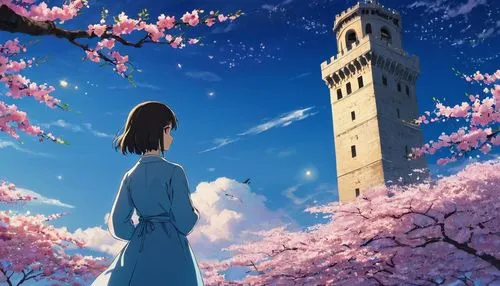 Girl looking up scene 1: Shadow of the cherry blossoms at dusk A girl stands quietly with the sky behind her, Dyed azure. 彼女の目の前にそびえ立つのはバベルのtowerと呼ばれる巨大な桜だ. The Shape, Like piercing the clouds, It&#39