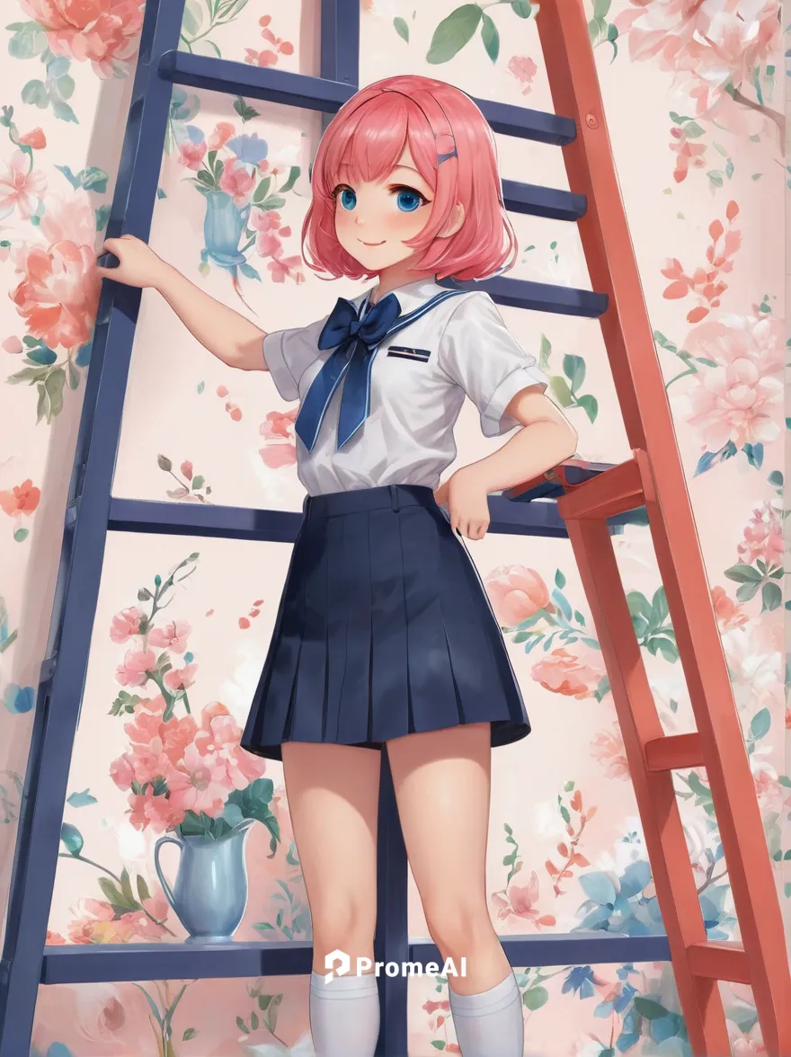 1girl, Sayori character, school uniform, short coral pink hair, blue eyes, bow accessory, gentle smile, standing on ladder, applying wallpaper, room interior, pastel colors, floral pattern wallpaper, 