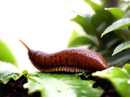 Slug, slimy body, brown skin, tiny eyes, no legs, slow movement, garden setting, green leaves, vines, morning dew, soft focus, shallow depth of field, warm color tone, cinematic lighting.,millipede,mi