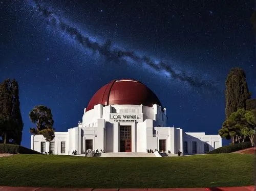 Griffith Observatory, Art Deco style, white dome, red bricks, circular shape, ornate details, astronomical instruments, telescope, planetarium, night sky, starry lights, Los Angeles, California, Holly