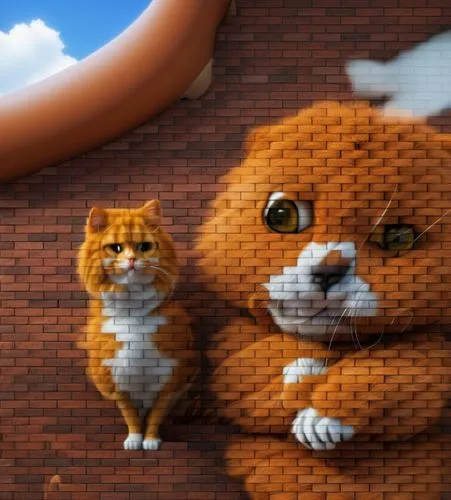 photorealystic cat garfield and dog,cats on brick wall,dog and cat,cartoon cat,red tabby,rescue alley,ginger cat,dog illustration,foxes,dog cat,digital compositing,dog - cat friendship,anthropomorphiz