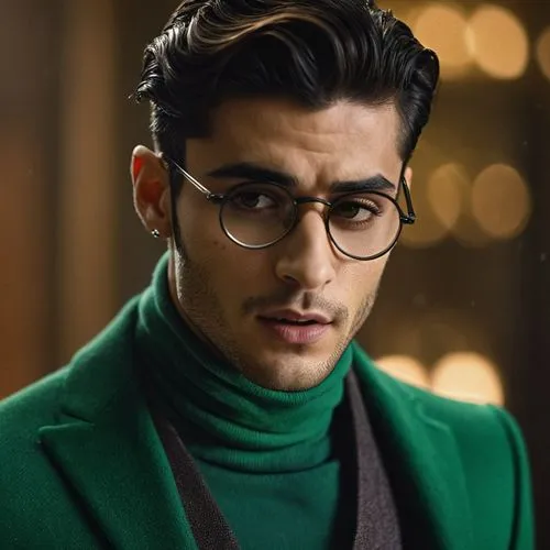 Zayn Malik as Edward Nygma, green turtleneck,young man in eyeglasses staring into the distance,zayn,red green glasses,afgan,zain,zayid,fawad,jawaid,maliks,navid,sooraj,jaisingh,levenstein,silver frame