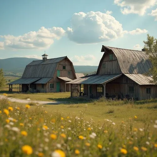 Rustic barns, asymmetrical silhouettes, bold angular forms, weathered wooden textures, corrugated metal roofs, distressed finishes, earthy color palette, natural materials, organic shapes, whimsical c