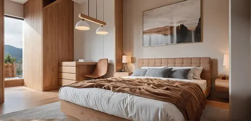 Modern Interior Design, modern bedroom, timber, light brown blanket
,headboards,modern room,chambre,lefay,bedroom,sleeping room,headboard,guest room,bedroomed,bedrooms,loft,verbier,the cabin in the mo