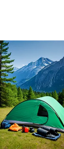 Camping scenery, daytime, sunny weather, blue sky, green trees, mountains in distance, tent in center, camping equipment scattered around, backpacks, sleeping bags, hiking boots, water bottles, sungla