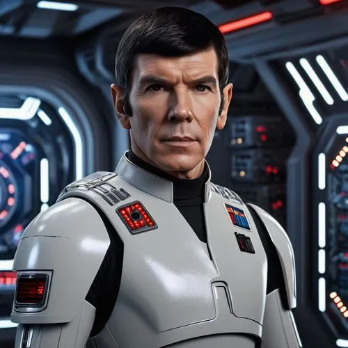 Star Wars Startrek Movie poster, A clone pilot in ARC-170 standing next to Spock from Vulcan, star wars, deathstar in back,a stylized image of star wars commander spock,nimoy,tarkin,spock,sarek,gerasi