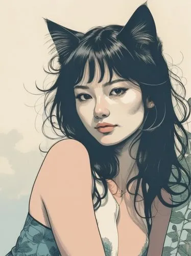 line drawing of a cat,a woman that has black hair wearing a cat ears,kommuna,miao,kitami,manhwa,selina,zhu,Illustration,Vector,Vector 03