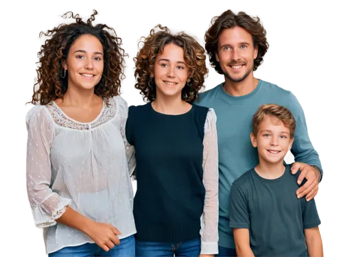 Family of four, smiling faces, casual wear, father's arm around mother's shoulder, two kids standing in front, boy (10yo) and girl (8yo), messy hair, freckles on nose, happy expressions, transparent g