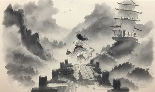 ghost castle,mignola,ghost ship,kaido,mulan,fall from the clouds,imagawa,the fog,archaia,haunted castle,fog,cloud mountain,ink painting,cerebus,ancient city,tokitsukaze,ugetsu,mist,nihei,toth,Illustration,Paper based,Paper Based 30