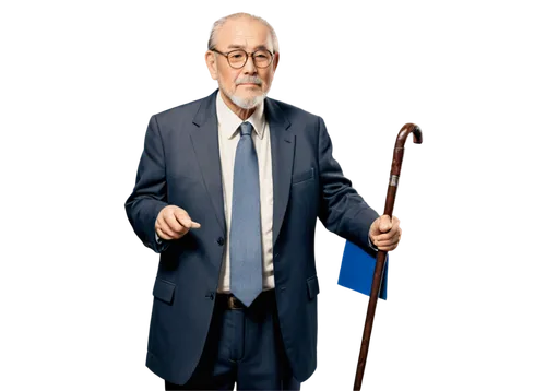 Old wise man, solo, (60yo), white beard, glasses, wrinkles, brown eyes, balding hair, suit, tie, holding cane, standing, confident posture, softbox lighting, shallow depth of field, warm color tone, c