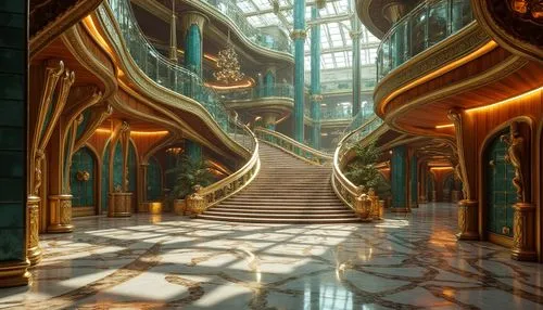 emporium,citadels,labyrinths,labyrinthian,art deco,atrium,corridors,hall of the fallen,3d fantasy,atriums,theed,dragon palace hotel,hallway,staircase,fractal environment,marble palace,serpentarium,kunplome,staircases,opulence,Photography,General,Realistic