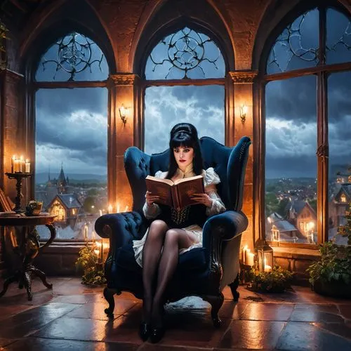 fantasy picture,gothic portrait,bibliophile,storybook,gothic woman,elvira,Photography,General,Commercial