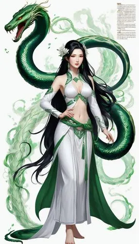 anahata,green snake,dragon li,green dragon,serpent,malachite,emerald lizard,water snake,medusa gorgon,mulan,medusa,dragon of earth,wuchang,hwachae,emperor snake,pointed snake,jade,green and white,crocodile woman,celtic queen,Unique,Design,Character Design