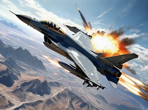 F-16 Fighting Falcon, Mig-29 Fulcrum, aerial dogfight, jet fighters, military aircraft, high-speed maneuver, afterburners, missile launch, machine gun fire, contrails, clear sky, dynamic clouds, reali