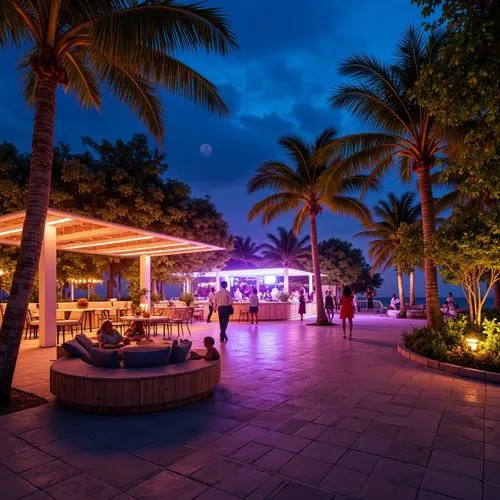 Tropical beachside nightclub, warm sandy dunes, swaying palm trees, vibrant neon lights, outdoor dance floor, luxurious lounge seating, ocean-inspired decor, driftwood accents, nautical ropes, marine-