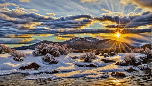 mountain sunrise,ice landscape,sun reflection,alpine sunset,atmosphere sunrise sunrise,mountain landscape,sun through the clouds,snow landscape,greenland,sun rays,god rays,rays of the sun,sun in the clouds,volcanic landscape,mountainous landscape,landscapes beautiful,mountain scene,lake tahoe,golden sun,lake baikal