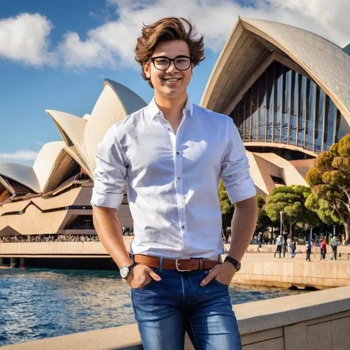 Bachelor of Design in Architecture, USYD, Atar, male, 20s, casual wear, jeans, white shirt, sneakers, messy brown hair, glasses, confident posture, holding a portfolio, standing in front of a modern u