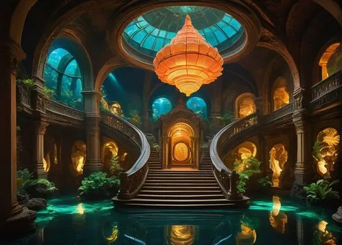 atlantis,hall of the fallen,sanctum,underwater oasis,aquarium,lair,theed,labyrinthian,atlantean,alfheim,citadels,imperial shores,lagoon,water palace,ornate room,karakas,fantasy picture,3d fantasy,sindbad,fantasy world,Photography,Documentary Photography,Documentary Photography 37