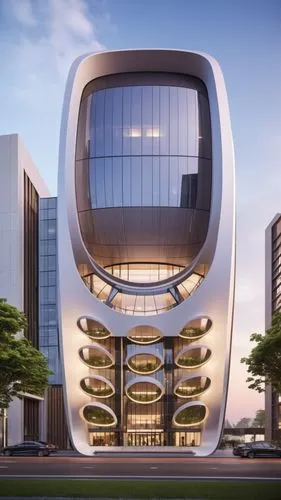 The building is a sleek, ultramodern structure characterized by elegant curves and smooth, reflective surfaces. Its minimalist design features clean lines and a glossy finish, giving it a futuristic a