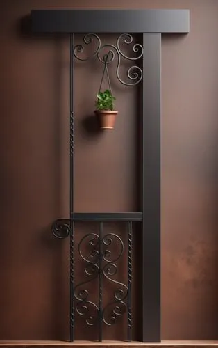 Side view. Forged elegant fence, between two square, black metal columns. Made of black metal. Railing dark wood.
white background.
A pot with a plant.,an empty room with a metal gate, potted plant an