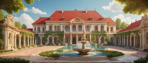 Romanian architecture, ornate palace, grand entrance, intricate stone carvings, Baroque style, golden decorations, marble columns, red-tiled roof, symmetrical facade, lush greenery, fountain in front,