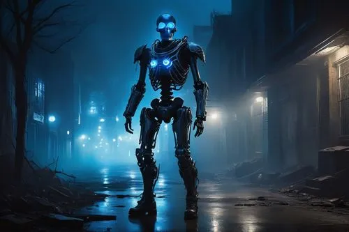 Spooky Halloween theme, AI-generated costume, futuristic robotic skeleton, glowing blue circuits, LED eyes, metallic silver and black armor, ripped fishnet stockings, heavy combat boots, dark urban ci