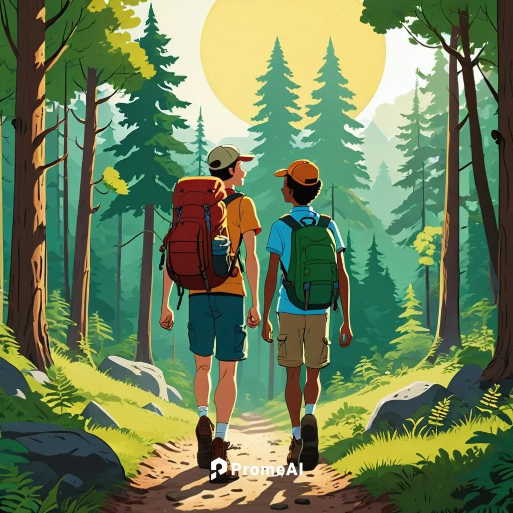 Create a basic cartoon of a man and his friend hiking in the forest. Both hikers should have cheerful and relaxed expressions, wearing typical hiking gear like backpacks, hats, and boots. The forest s