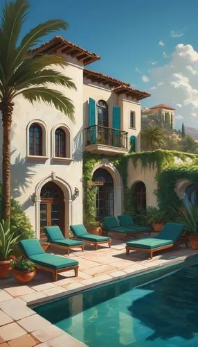 pool house,holiday villa,luxury property,tropical house,luxury home,dreamhouse,dorne,house by the water,home landscape,roof landscape,mediterranean,florida home,palmilla,private house,provencal,mansion,bungalows,beautiful home,summerland,seaside resort,Conceptual Art,Oil color,Oil Color 04