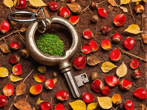 In a mysterious forest, a red horse chestnut seed holds the key to unlocking a hidden treasure.,autumn background,clove pepper,colorful foil background,kidney beans,autumn jewels,pumpkin seed,autumn f