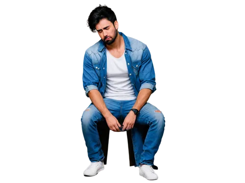 sad crying man, muscular build, messy black hair, rugged beard, red puffy eyes, single tear rolling down cheek, worn-out denim jacket, white tank top, ripped jeans, scuffed up sneakers, sitting on con