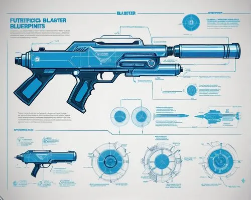 Futuristic blaster blueprints,vector infographic,heavy object,hawkmoon,blueprint,railguns,alien weapon,carbine,astrascope,raygun,smallbore,kamino,air pistol,armalite,gunmaker,airgun,schematics,bluepri