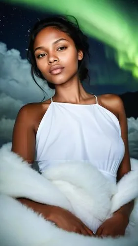 Es hermosa, una chica que es huracán de pasiones, envuelto en nubes de una aurora boreal, es irreverente pero tierna y sutil. Vive en mis sueños y deseos más profundos,a young black woman sits with he