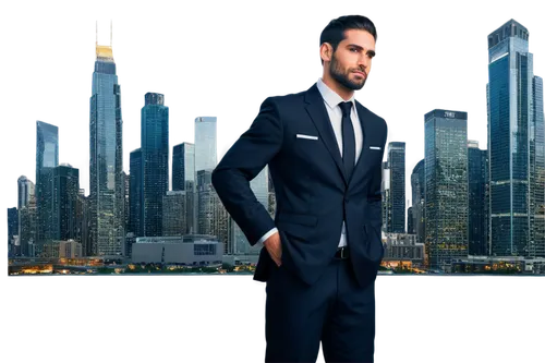 Man, business suit, white shirt, black tie, formal hairstyle, trimmed beard, confident posture, hands in pocket, standing, city skyscraper background, panoramic view, soft lighting, cinematic composit