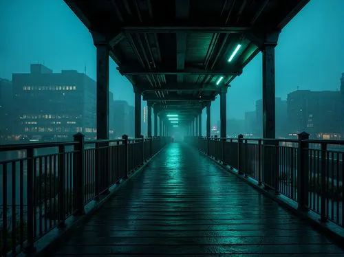 Moody bridge, dark cyan accents, industrial steel beams, weathered wood planks, urban cityscape, misty atmosphere, dramatic night lighting, soft focus, shallow depth of field, 2/3 composition, realist