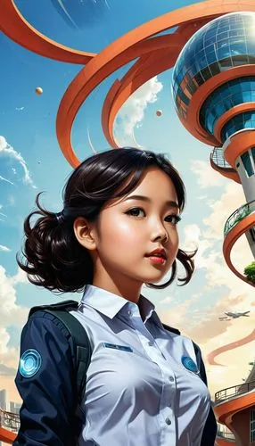 sci fiction illustration,girl with speech bubble,futuroscope,futuristic landscape,girl with cereal bowl,spiral background,cybertown,arcology,bioshock,world digital painting,technosphere,skycycle,megapolis,asiatique,imaginasian,idealizes,teacups,jetsons,futurists,women in technology,Conceptual Art,Sci-Fi,Sci-Fi 24