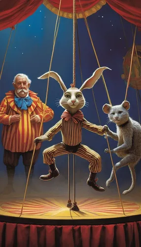 circus show,circus animal,puppet theatre,circus,ballet don quijote,cirque du soleil,circus aeruginosus,puppeteer,marionette,cirque,string puppet,circus stage,rabbit family,whimsical animals,rabbits and hares,circus tent,rabbits,anthropomorphized animals,puppets,alice in wonderland,Conceptual Art,Sci-Fi,Sci-Fi 15