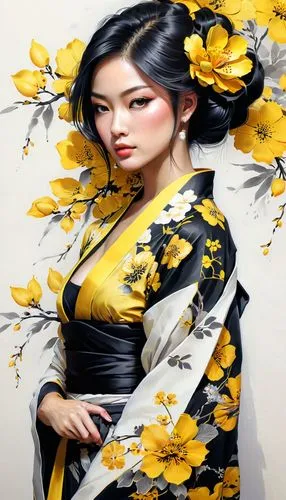 geisha girl,geisha,japanese art,japanese floral background,oriental painting,japanese woman,flower painting,cheongsam,arhats,floral japanese,asian woman,kimono fabric,xiaofei,hanbok,zuoying,yellow petals,korean culture,daiyu,oriental girl,koreana,Conceptual Art,Fantasy,Fantasy 03