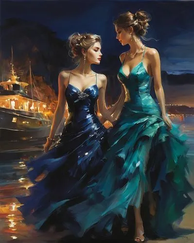 rhinemaidens,martindell,ballgowns,sea night,vettriano,romantic night,Illustration,Paper based,Paper Based 11