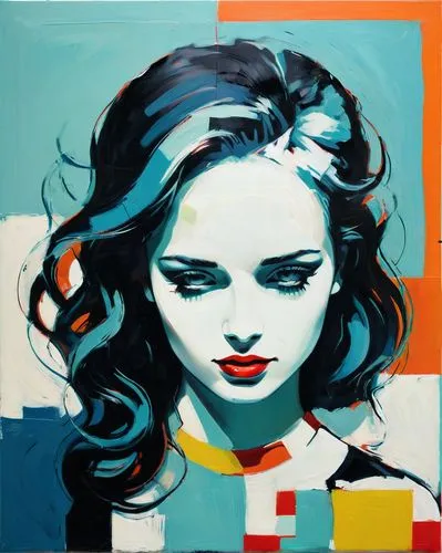 create big painting, modern pop art, deep calm tones, design, lines, pattern, ,a painting with a woman's face painted on it,nielly,vanderhorst,cool pop art,pop art style,young woman,pop art colors,eff