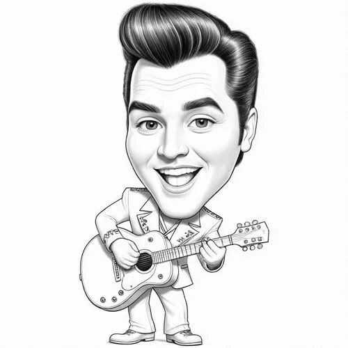 pencil drawing style  Julius Leblanc Stewart Caricature style drawing of a celebrity, big head, small body, exaggerated facial expressions. A 3D animated character resembling Elvis Presley, wearing a 