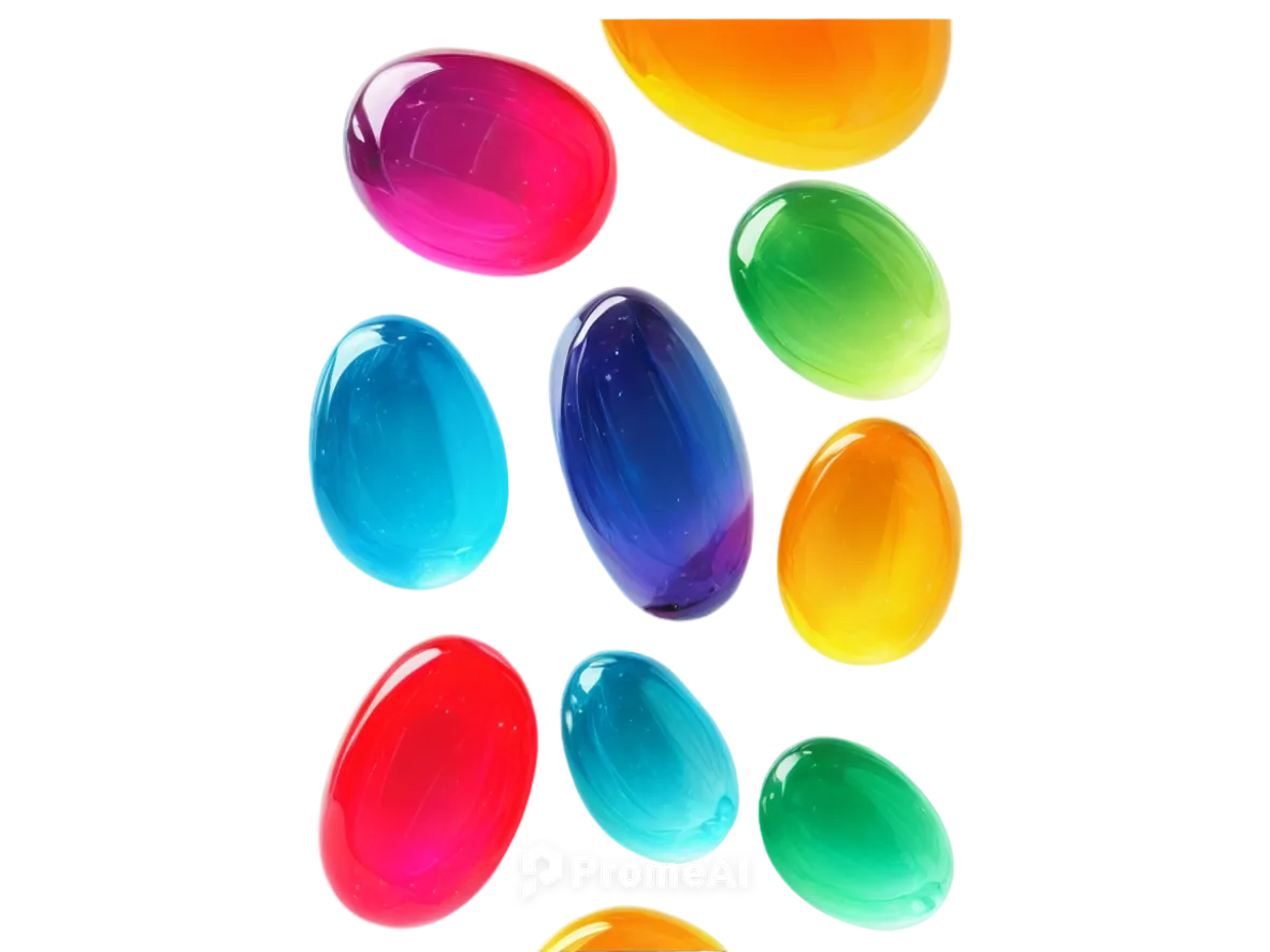 Transparent candy, colorful jelly-like texture, shiny surface, rounded shape, sparkles, soft light reflection, 3/4 composition, close-up shot, warm color tone, cinematic lighting, PNG format, transpar