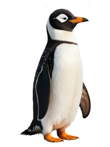 Adult penguin, standing, white belly, black back, orange beak, flippers, tuxedo-like feathers, cute eyes, solo, icy background, snowflakes falling, soft focus, cinematic lighting, shallow depth of fie