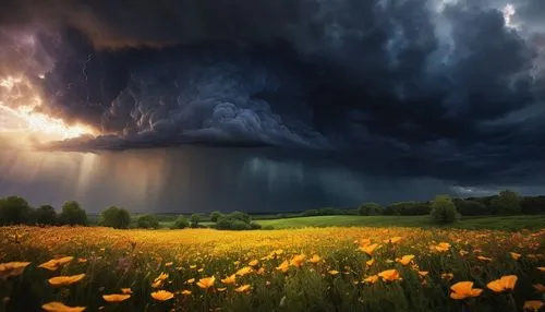 A dark storm cloud hovering over a sunlit field of flowers. The flowers sway gently in the breeze, illuminated by bright, golden sunlight that pierces through the clouds. The scene transitions from da