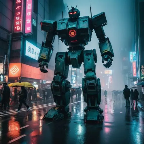 A giant robot in the city of tokyo crossing the street ,a futuristic looking robot standing in the rain,mech,tetsujin,shinjuku,combiner,mecha,computron,Photography,General,Fantasy