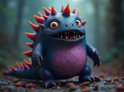 potwór, jedna twarz,truskawkowy,fioletowo-niebieski brzuch,2 usta,kolce,milusi,a very funny looking toy in the woods,luarsab,soundex,stegodon,frowick,jaggi,mwonzora